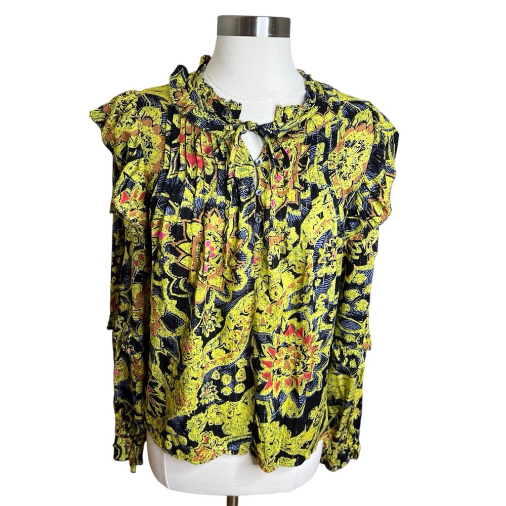 Jennifer & Grace Peasant Long Sleeve Multicolor Metallic Floral Ruffles M